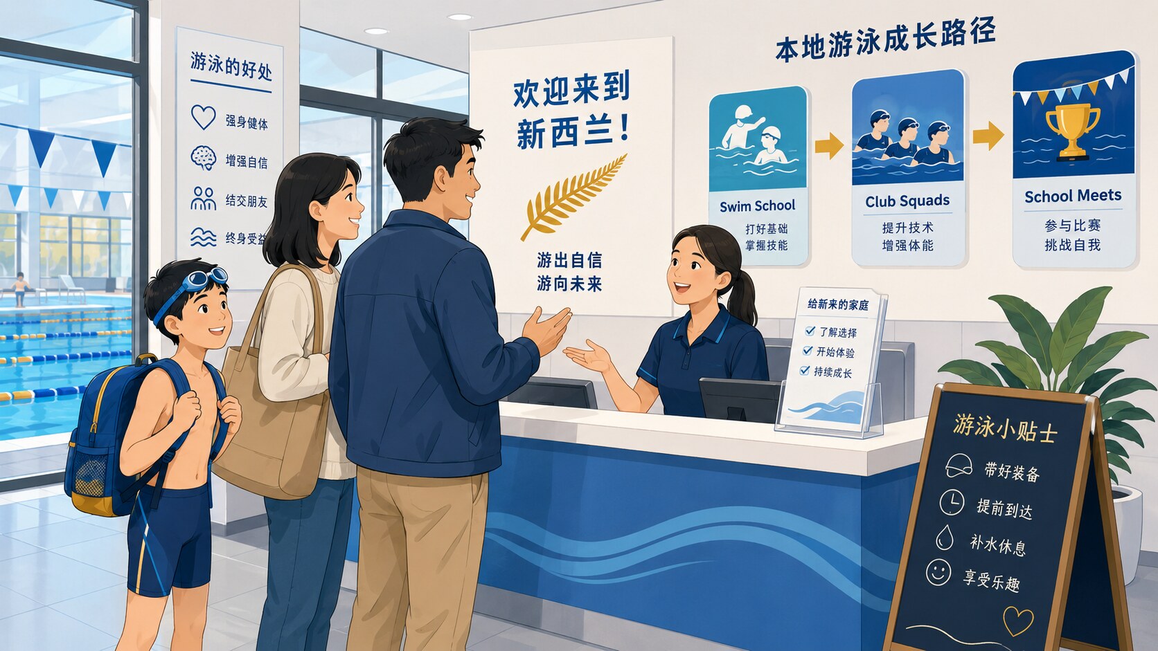 刚到新西兰的家庭来到游泳中心咨询课程与训练路径的插图