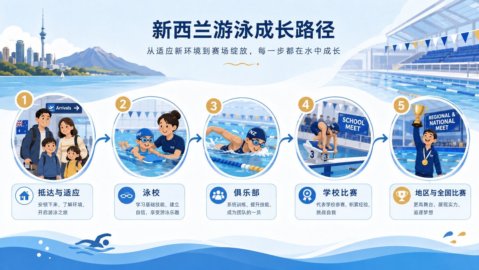 新西兰游泳成长路径示意图：抵达适应、泳校、俱乐部、学校比赛、地区与全国比赛