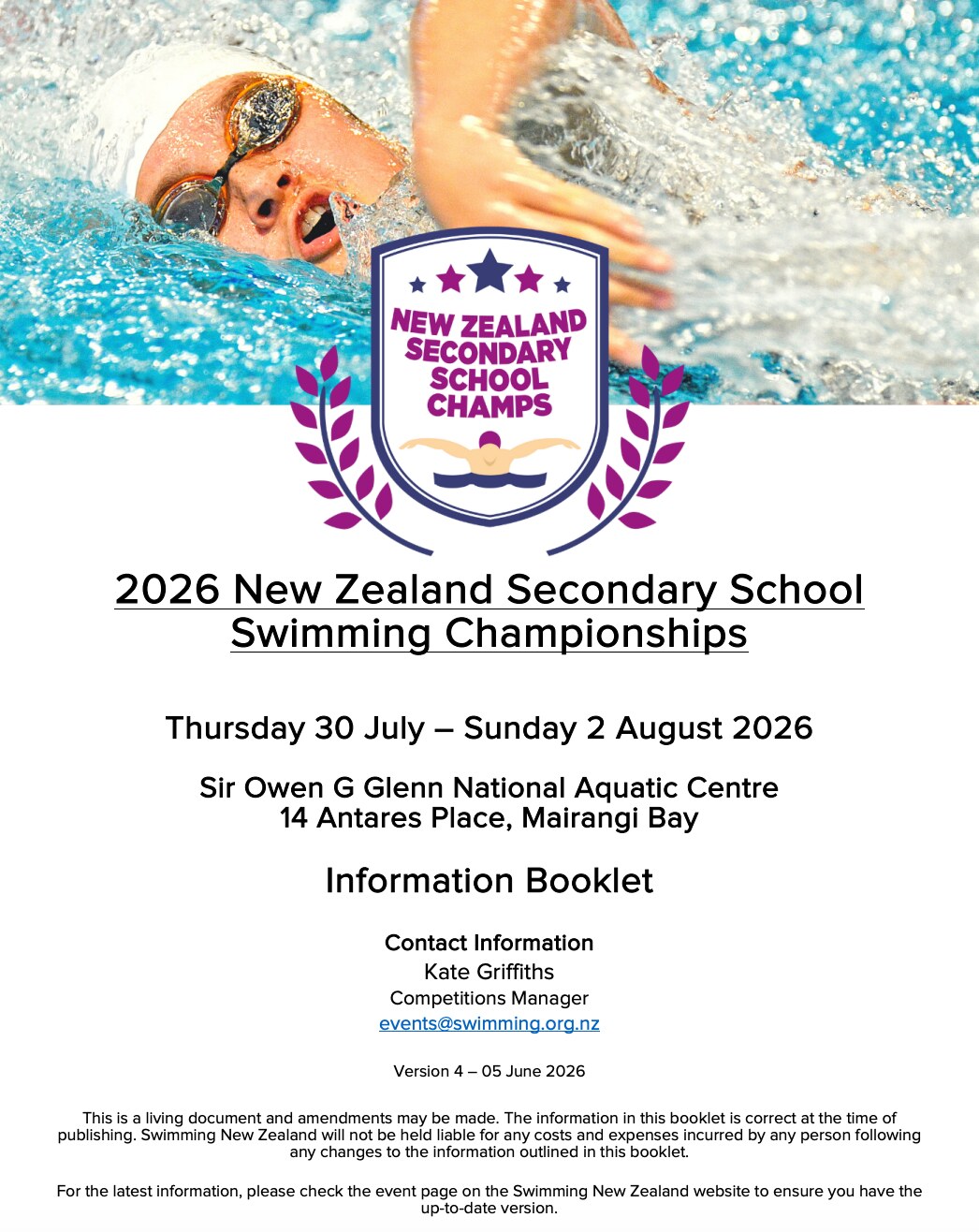 2026 New Zealand Secondary School Swimming Championships 信息手册封面